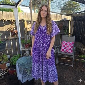 Boho Purple Floral Midi Dress - Women's Flowing V-Neck Dress L ONLY NECESSITIES